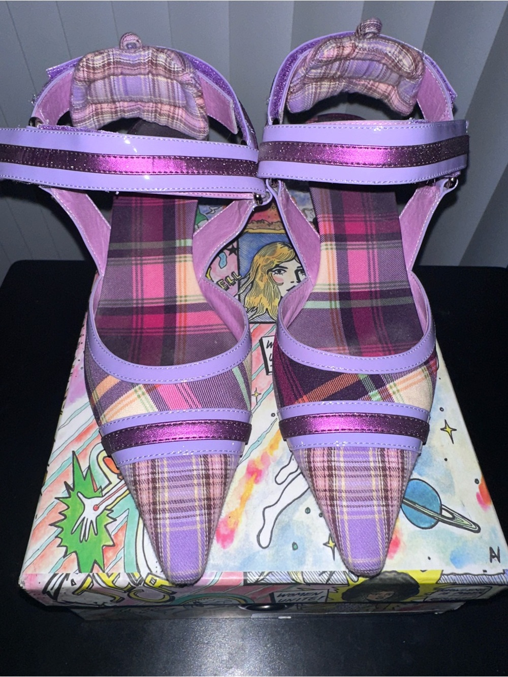 Jeffrey Campbell Purple and Pink Plaid Pointed Toe Heels
